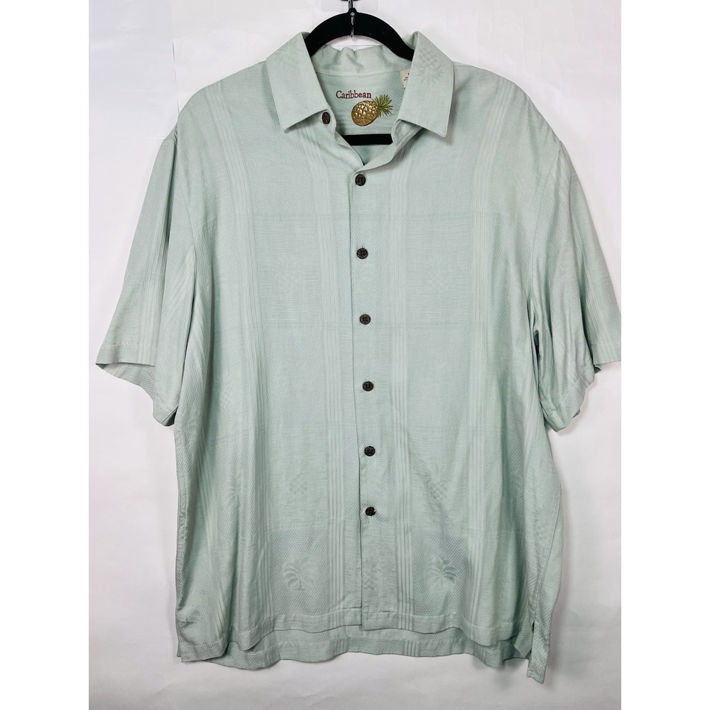 Caribbean Pineapple Mens Button Front Short Sleeve Hawaiian Shirt Sage Green‎ L